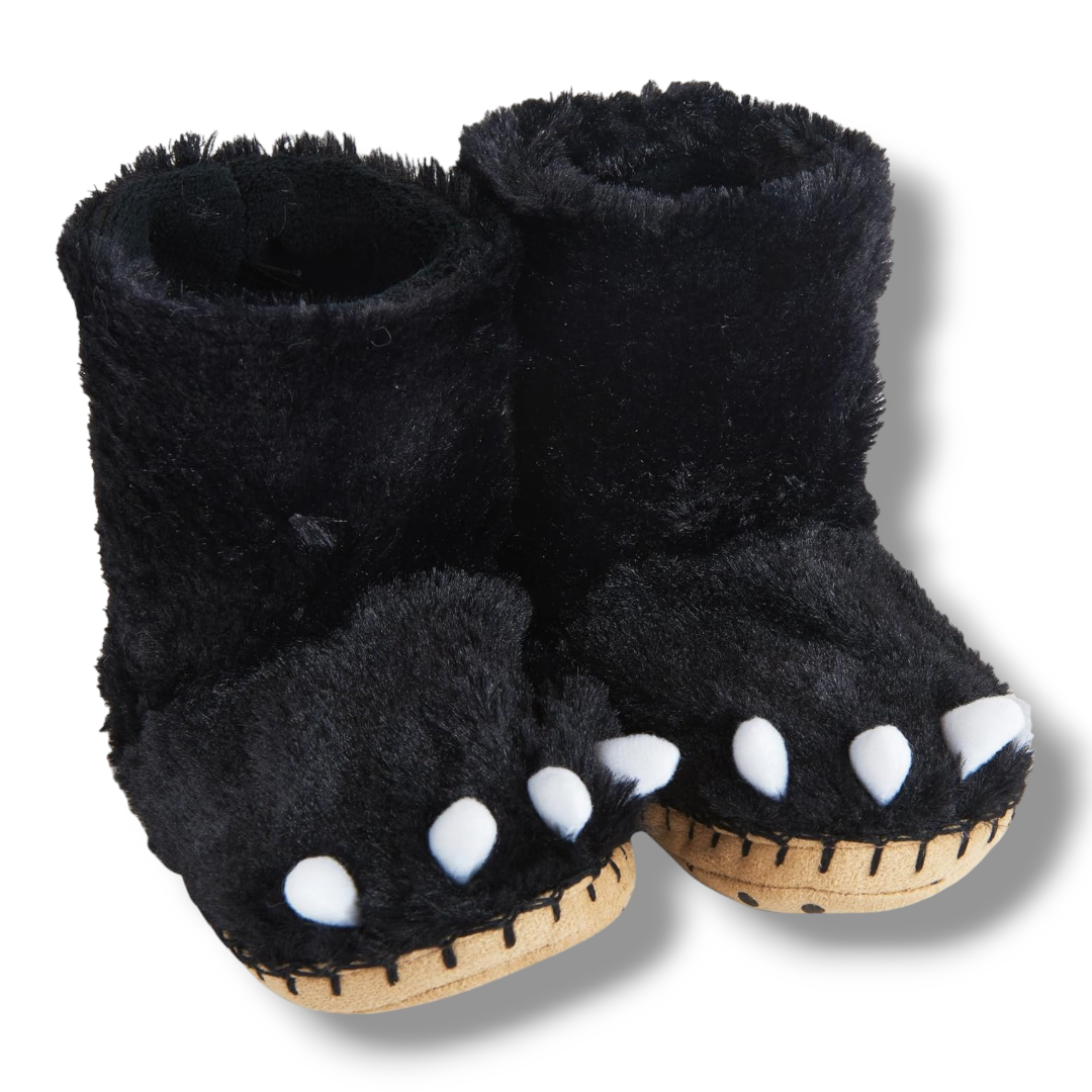 Black Bear Paws Kids Fuzzy Slouch Slippers