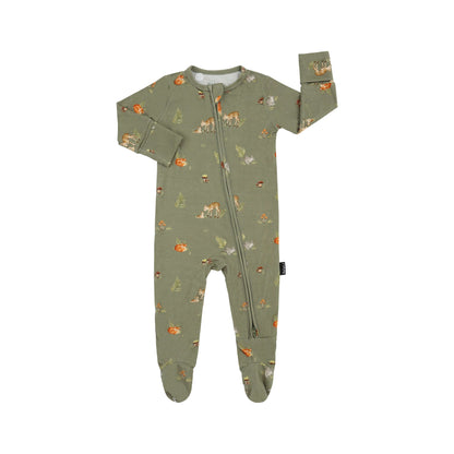 Forest friends footed zipper sleeper featuring whimsical woodland designs on a soft olive-green fabric.