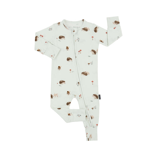 bamboo footless sleeper hedgehogs featuring adorable hedgehogs, mushrooms, and snails on a cream background.