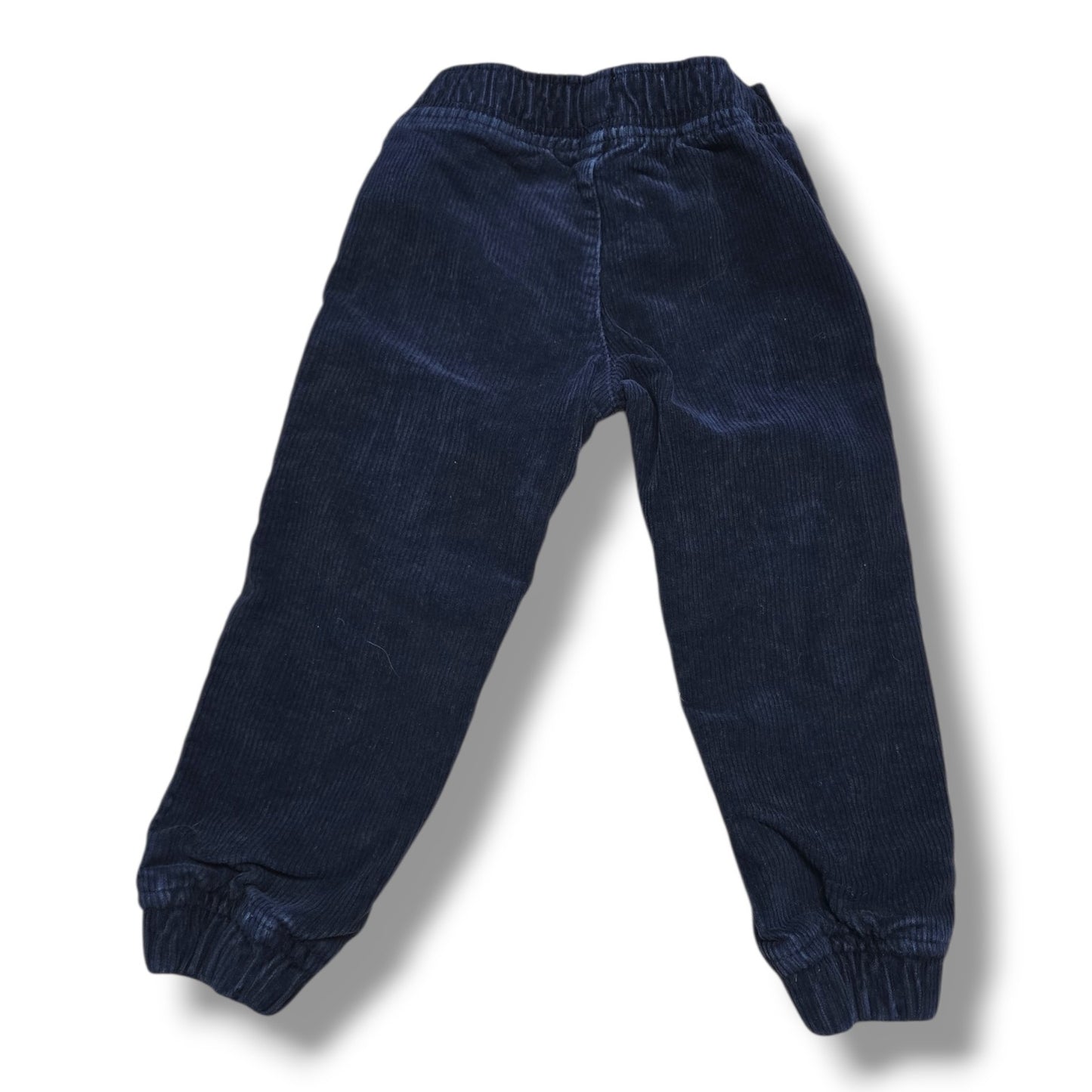 Preloved 3T corduroy joggers in navy with elastic cuffs and waistband, perfect for toddlers.