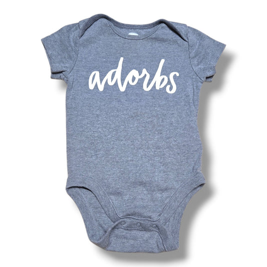 Old Navy pre-loved baby onesie 18/24M with 'adorbs' graphic in a soft gray color.