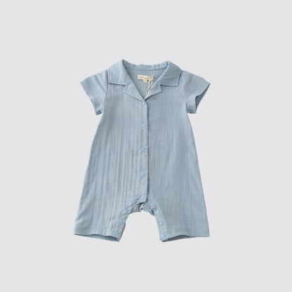Coming Soon | Blara Organic House | Natural Dyeing
Short Sleeve Cuban Collar Romper | Mist Blue