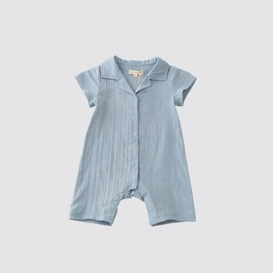 Coming Soon | Blara Organic House | Natural Dyeing
Short Sleeve Cuban Collar Romper | Mist Blue