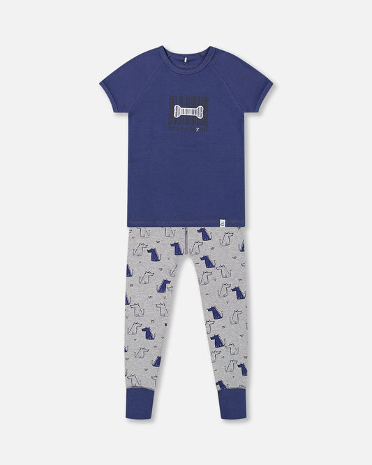 Deux Par Deux | Organic Cotton Two Piece Pajama Set Grey Mix Printed Dogs - Pink & Blue Kidz Clothing