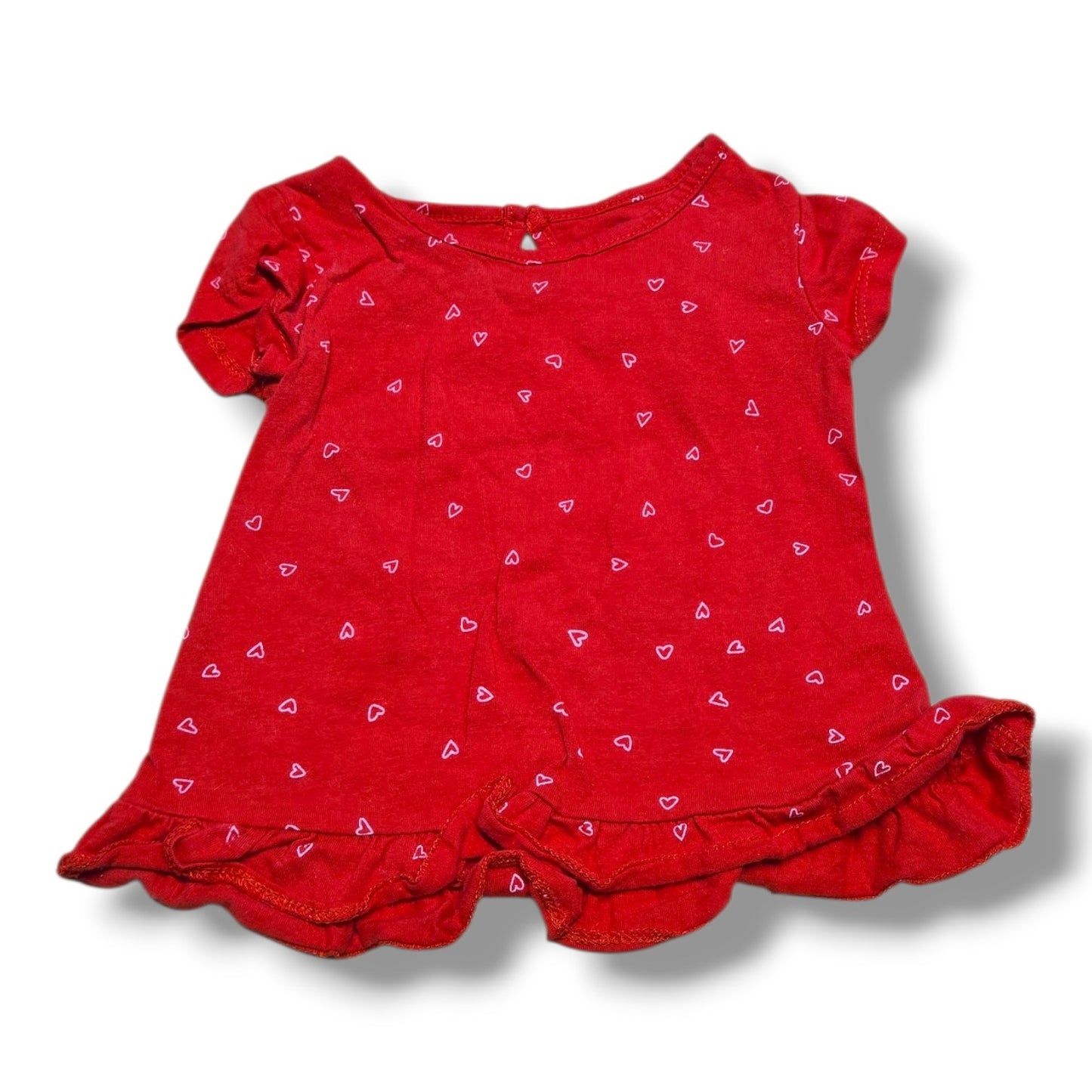 George pre-loved baby t-shirt in red with heart print and ruffle hem, sized for 3-6 months, in mint condition.