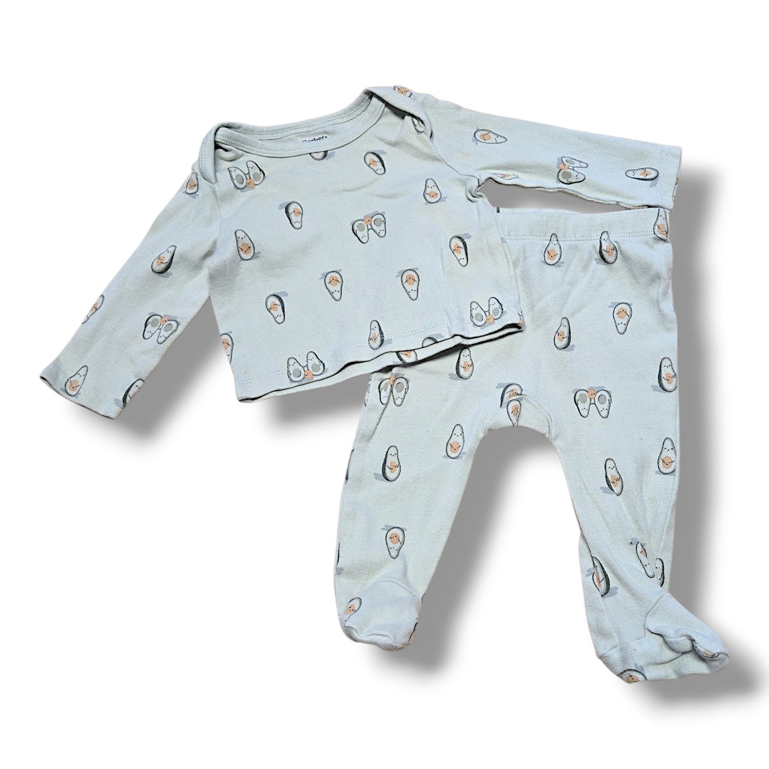 Gerber 0-3M pre-loved baby pajama set featuring light blue top and avocado print pants.