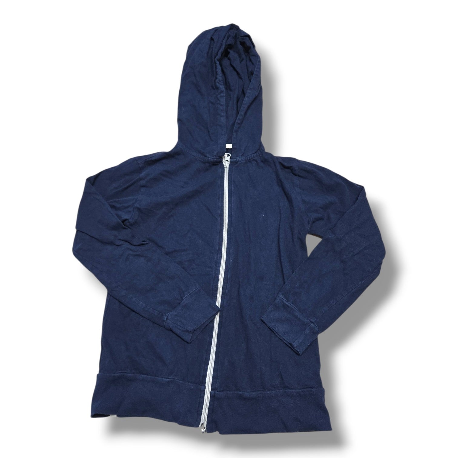 pre-loved mini mioche zip-up hoodie in navy with full zipper and attached hood