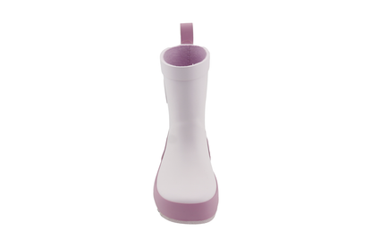 Kids waterproof rain boots pink with a white and pink design, perfect for outdoor play and keeping feet dry.