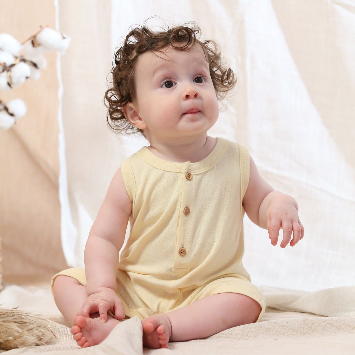 Coming Soon | Blara Organic House | Sleeveless Henley Romper | Creamy Yellow