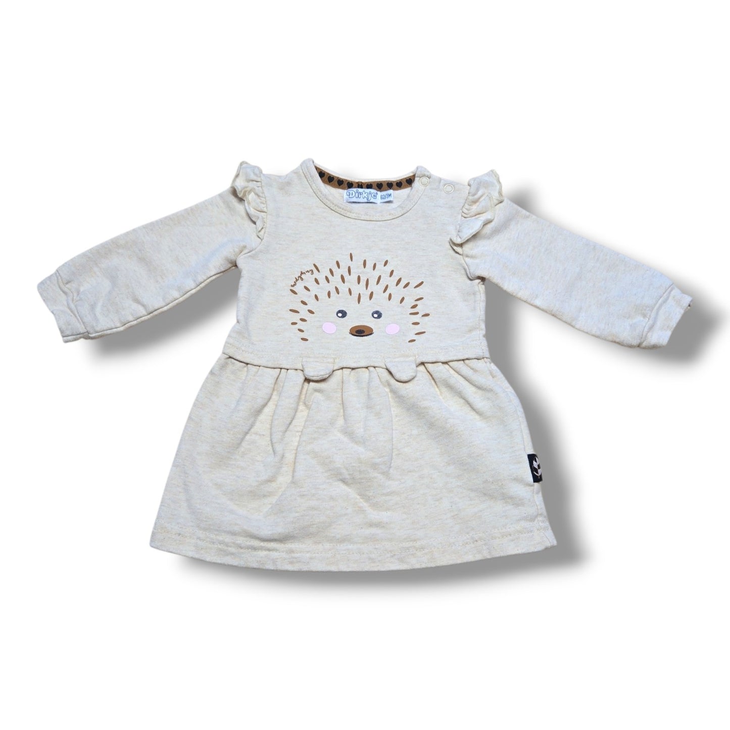 Adorable pre-loved baby dress with hedgehog graphic and ruffle shoulder details, in mint condition.