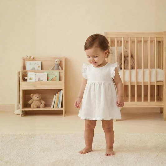 Cute toddler wearing an organic linen baby doll bodysuit in a cozy nursery setting.
