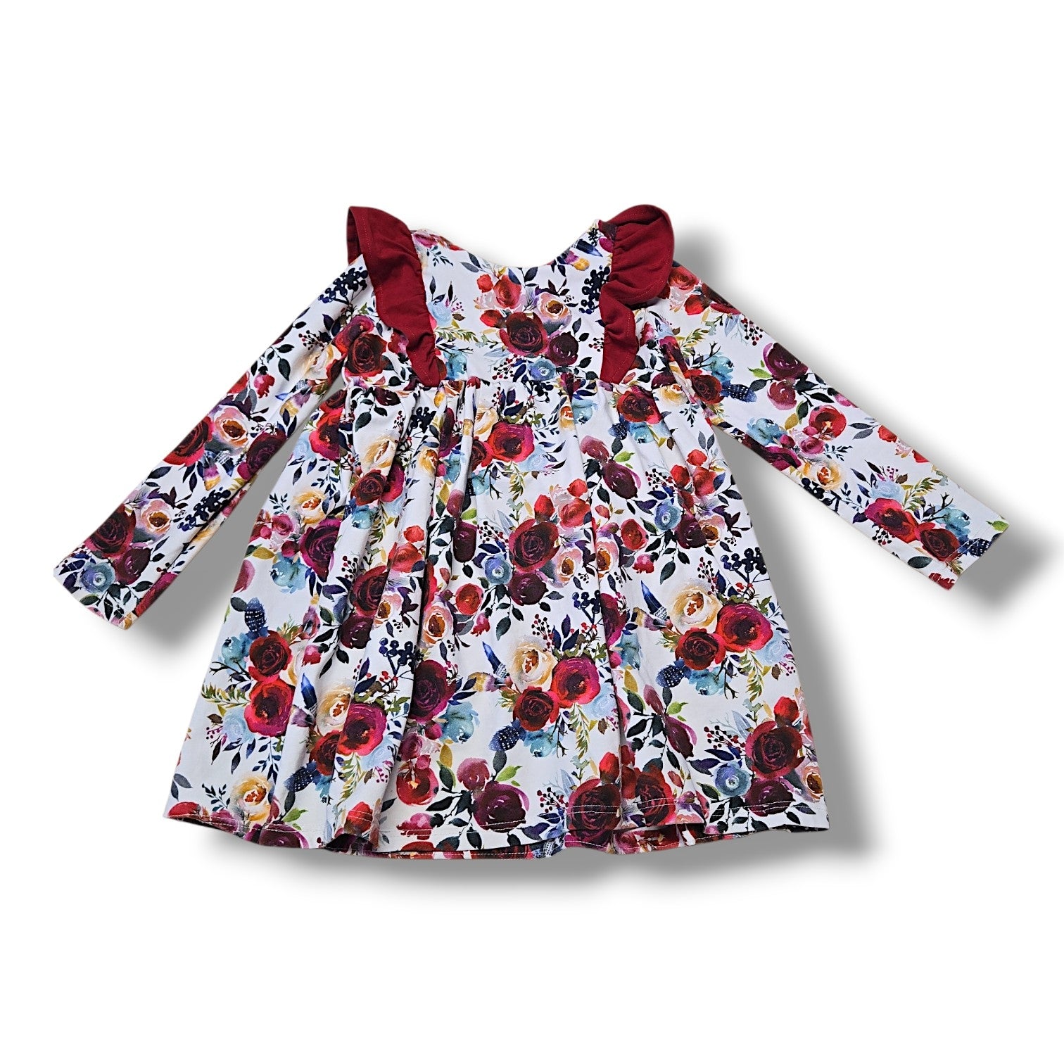 Pre-loved 4T baby dress with colorful floral pattern and burgundy ruffles, perfect for little ones.