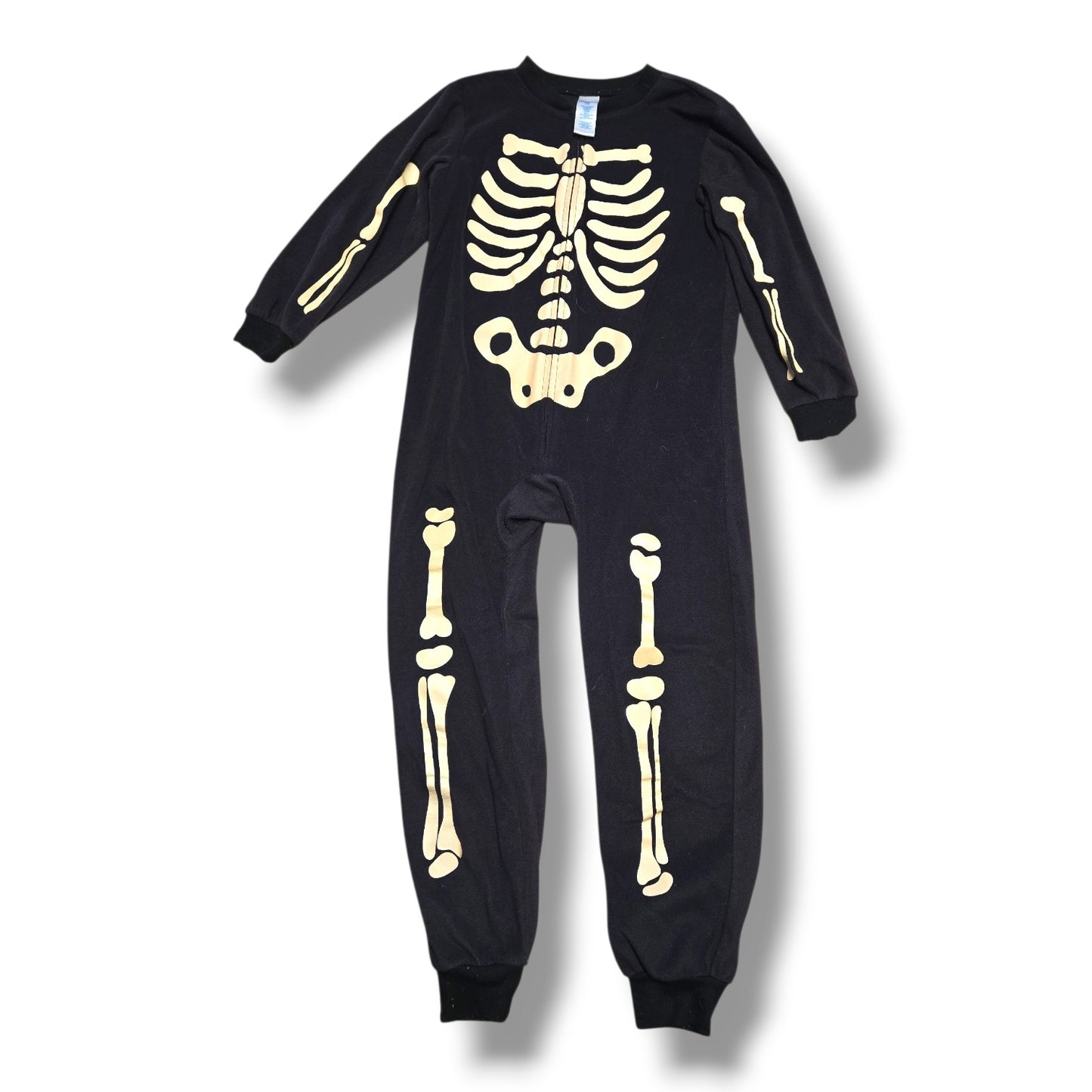 Children's Place 7/8Y black children's skeleton romper with skeleton print and front zipper.