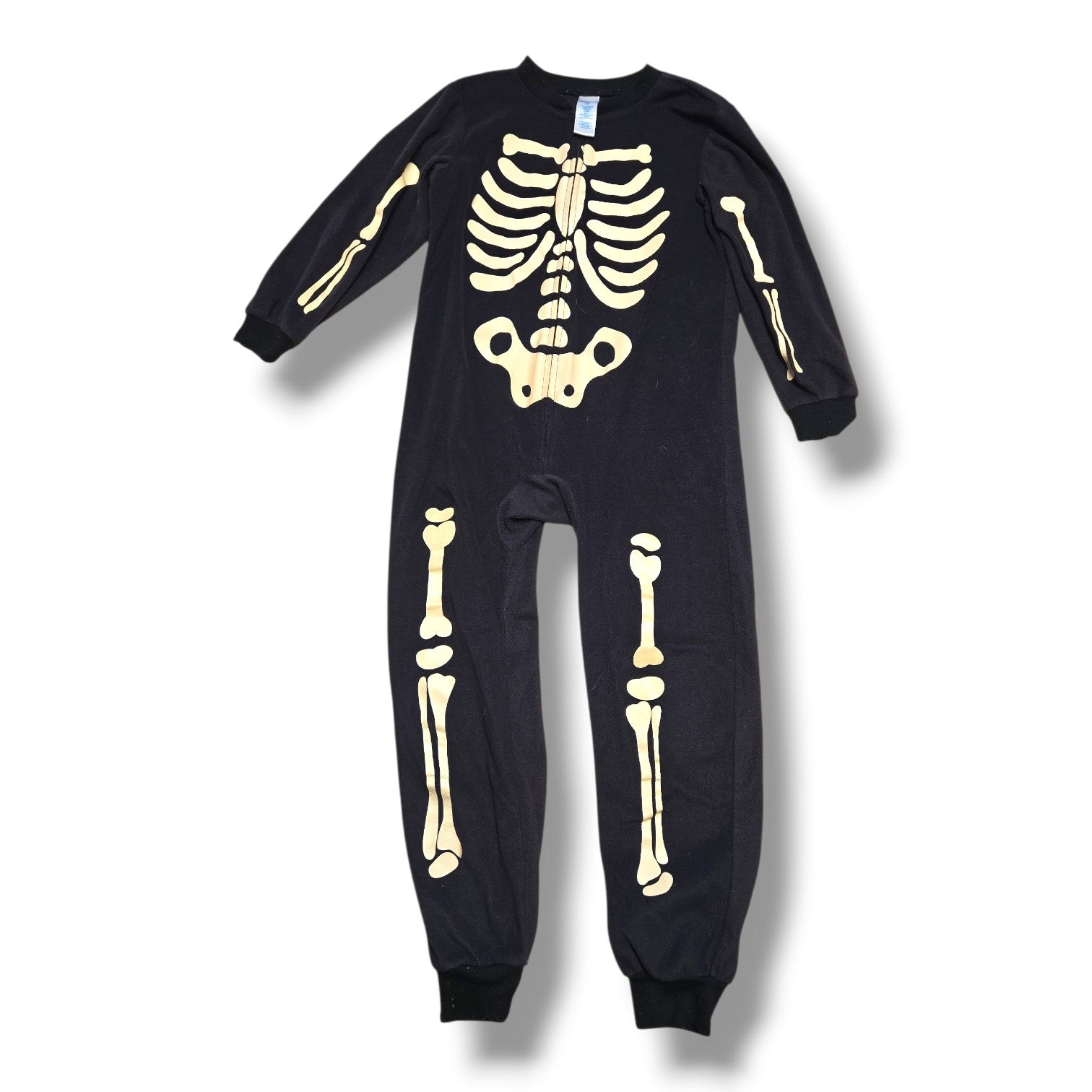 Children's Place 7/8Y black children's skeleton romper with skeleton print and front zipper.