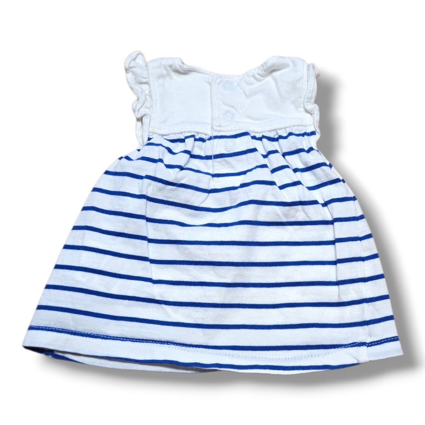 Carter's pre-loved newborn dress featuring navy and white stripes with flutter sleeves and pockets.