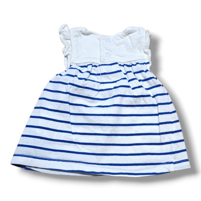Carter's pre-loved newborn dress featuring navy and white stripes with flutter sleeves and pockets.