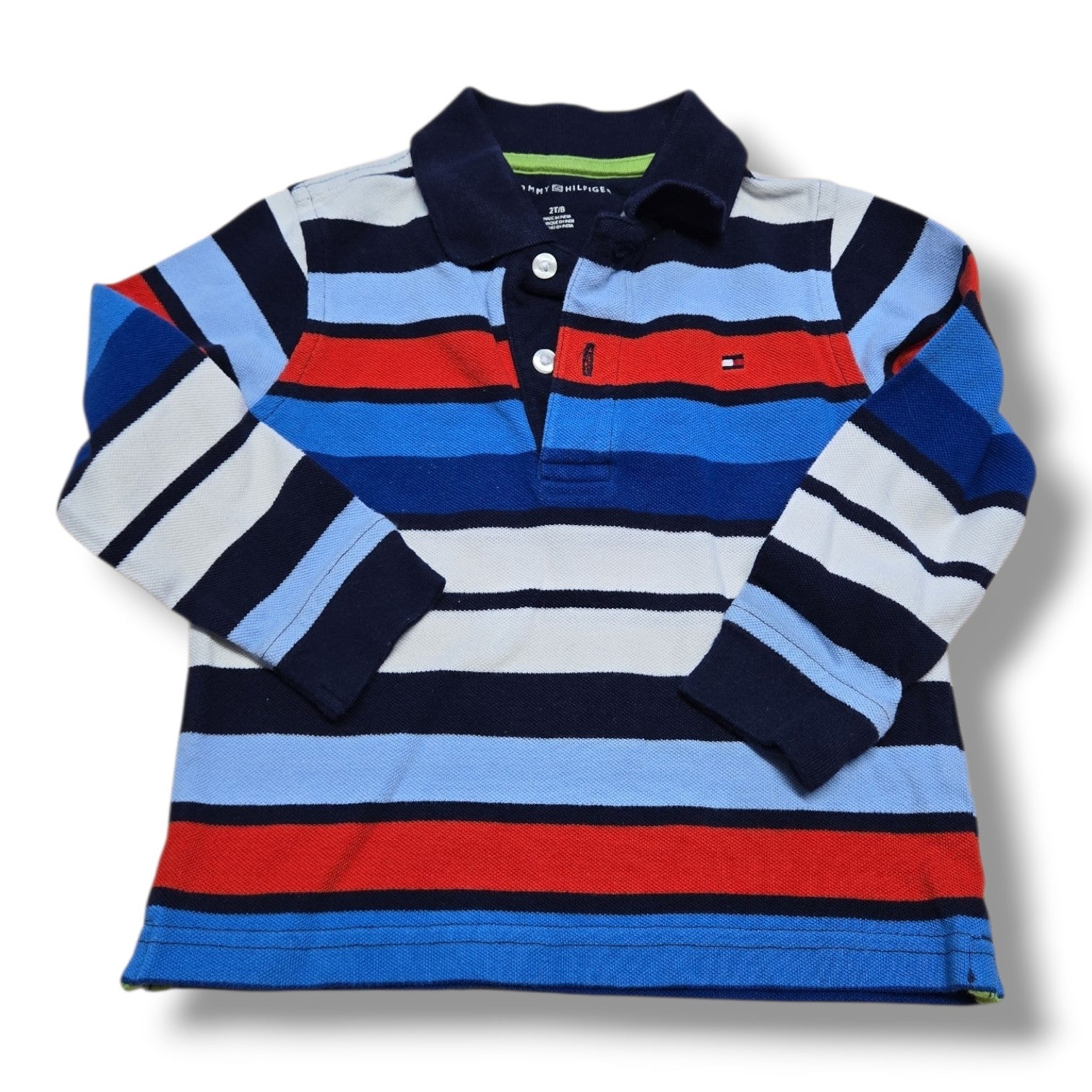 pre-loved Tommy Hilfiger polo 2T featuring bold navy, blue, white, and red stripes with a classic collar.