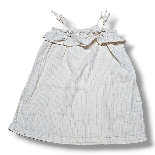 The New Society pre-loved quality dress with adjustable straps and ruffled neckline, showing signs of previous wear.