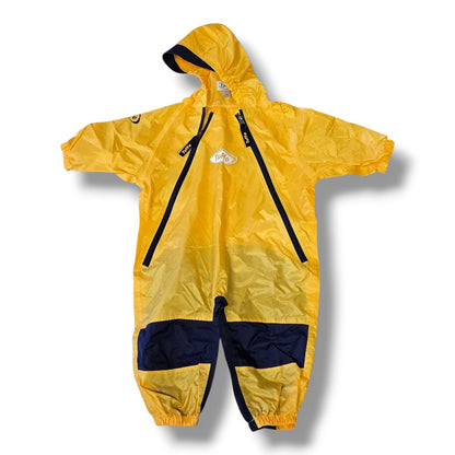 Pre-loved Tuffo waterproof rainsuit in bright yellow with navy accents, size 18 months for outdoor adventures.