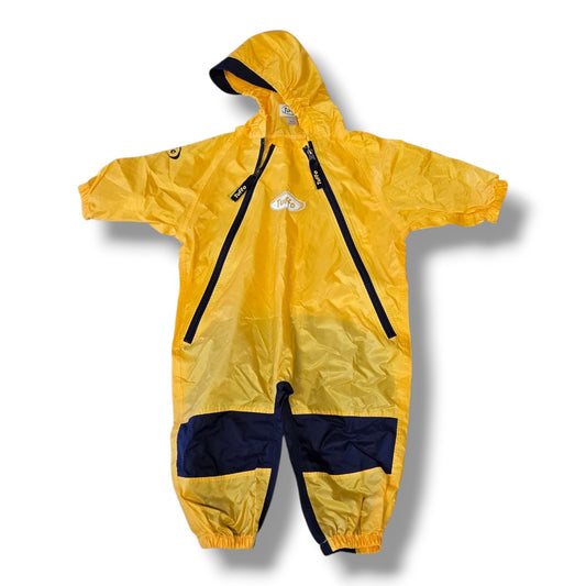 Pre-loved Tuffo waterproof rainsuit in bright yellow with navy accents, size 18 months for outdoor adventures.