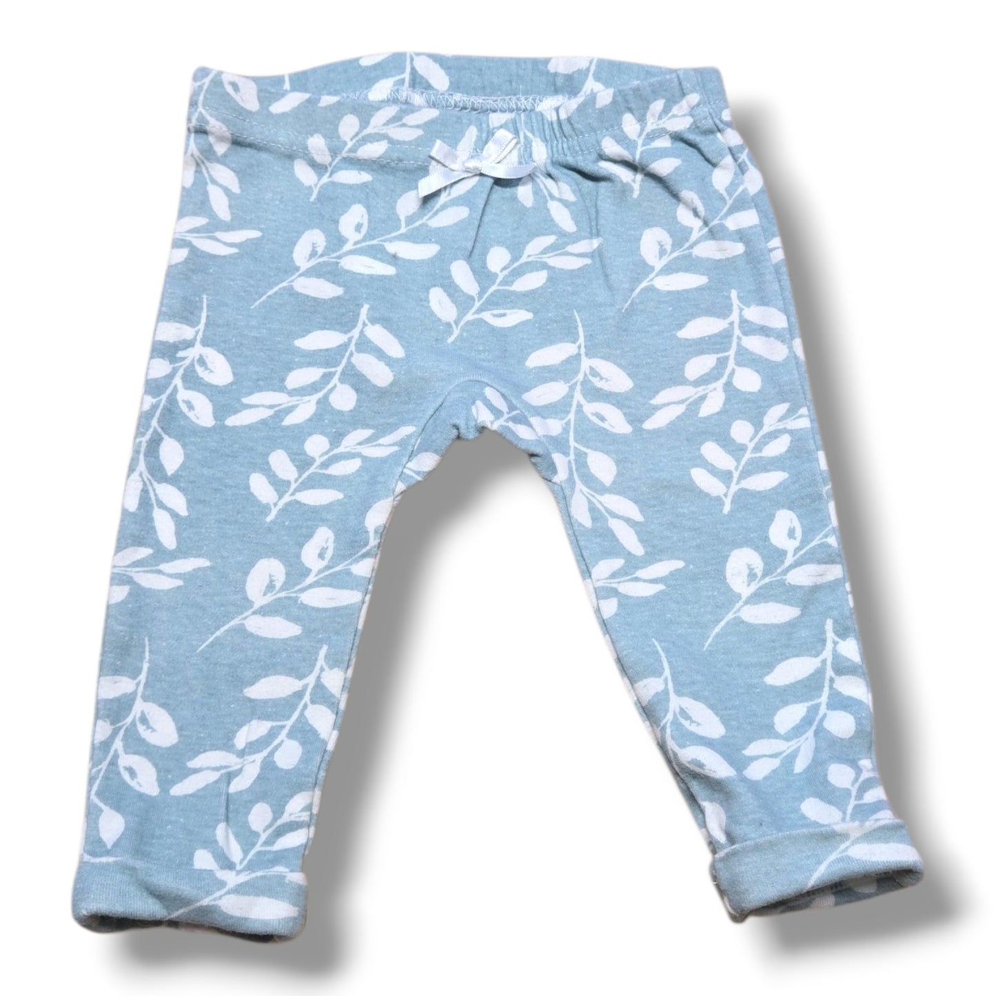 soft pull-on leggings 3-6 months in light blue leaf print with elastic waistband and cuffed hems