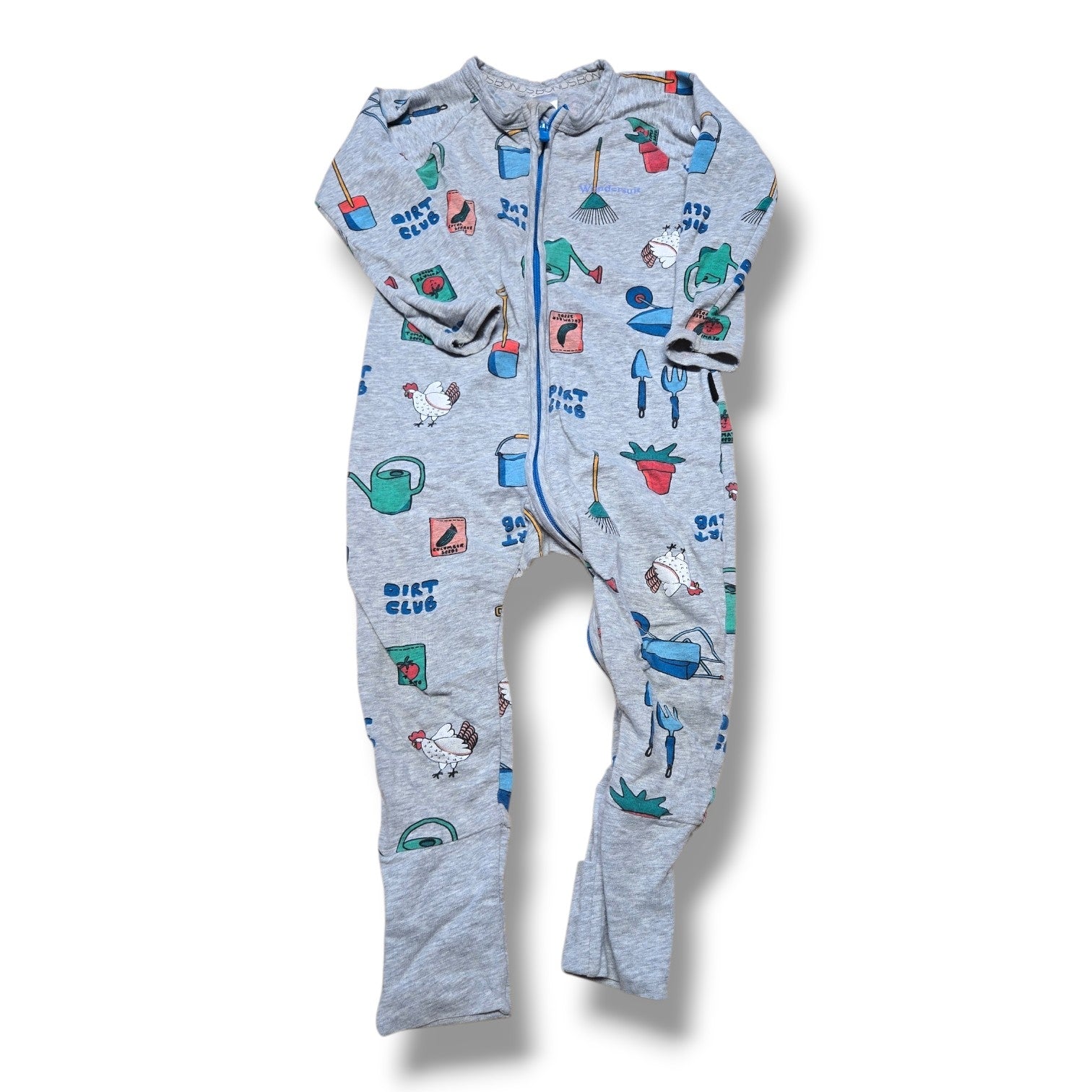 Pre-loved Bonds Wondersuit in light grey with colorful gardening-themed prints and a two-way zip.