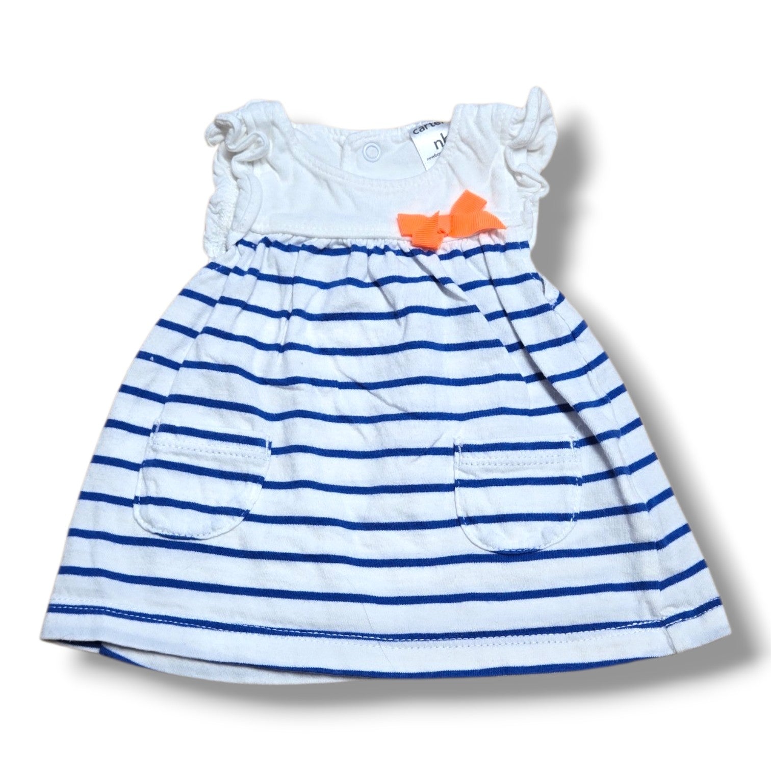 Carter's pre-loved newborn dress with navy and white stripes, flutter sleeves, pockets, and a coral bow accent.