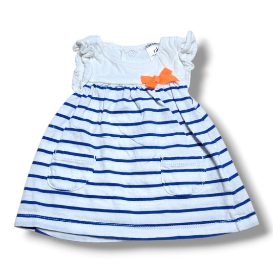 Carter's pre-loved newborn dress with navy and white stripes, flutter sleeves, pockets, and a coral bow accent.