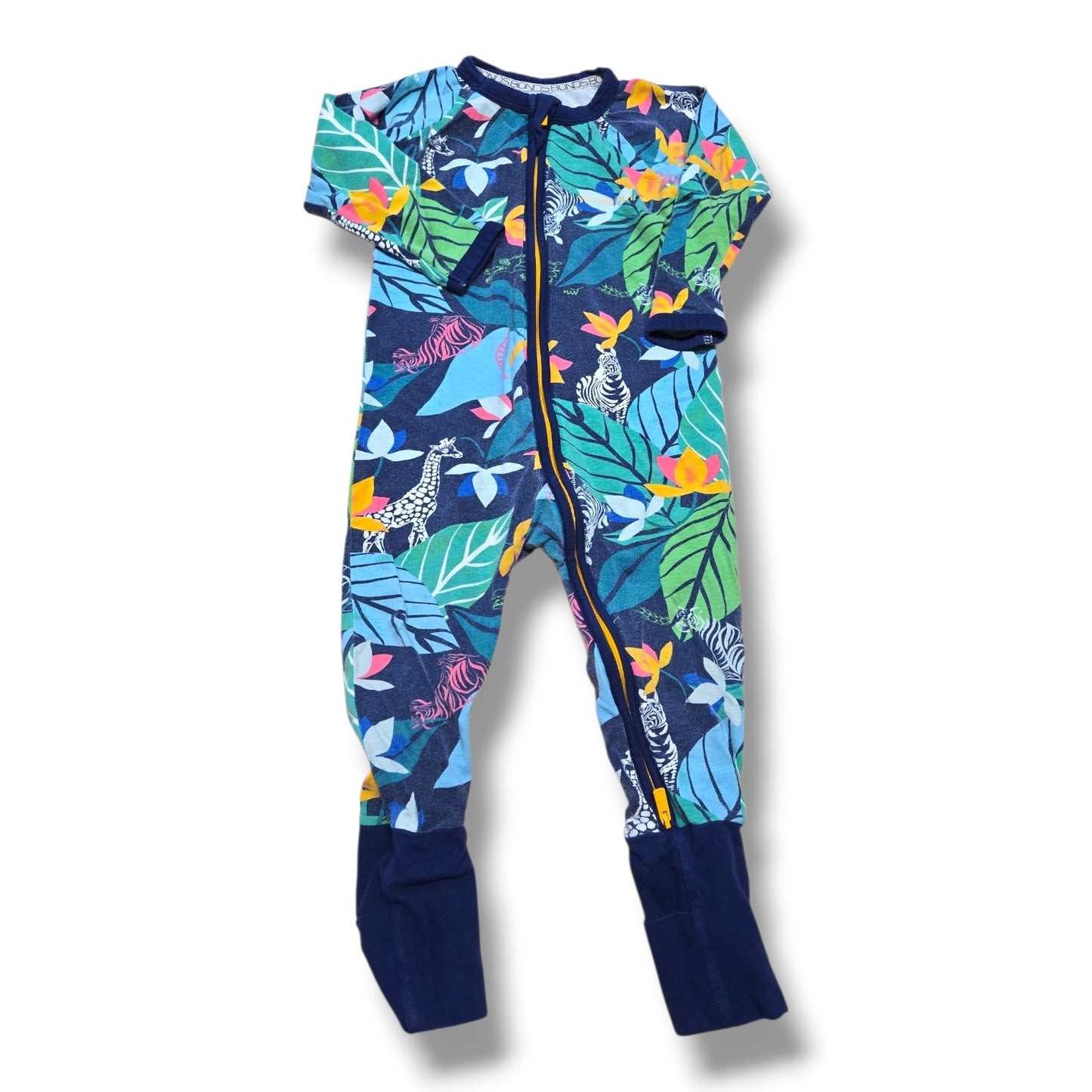 Preloved Bonds Wondersuit 12-18M with colorful jungle print and two-way zip for all-day comfort.