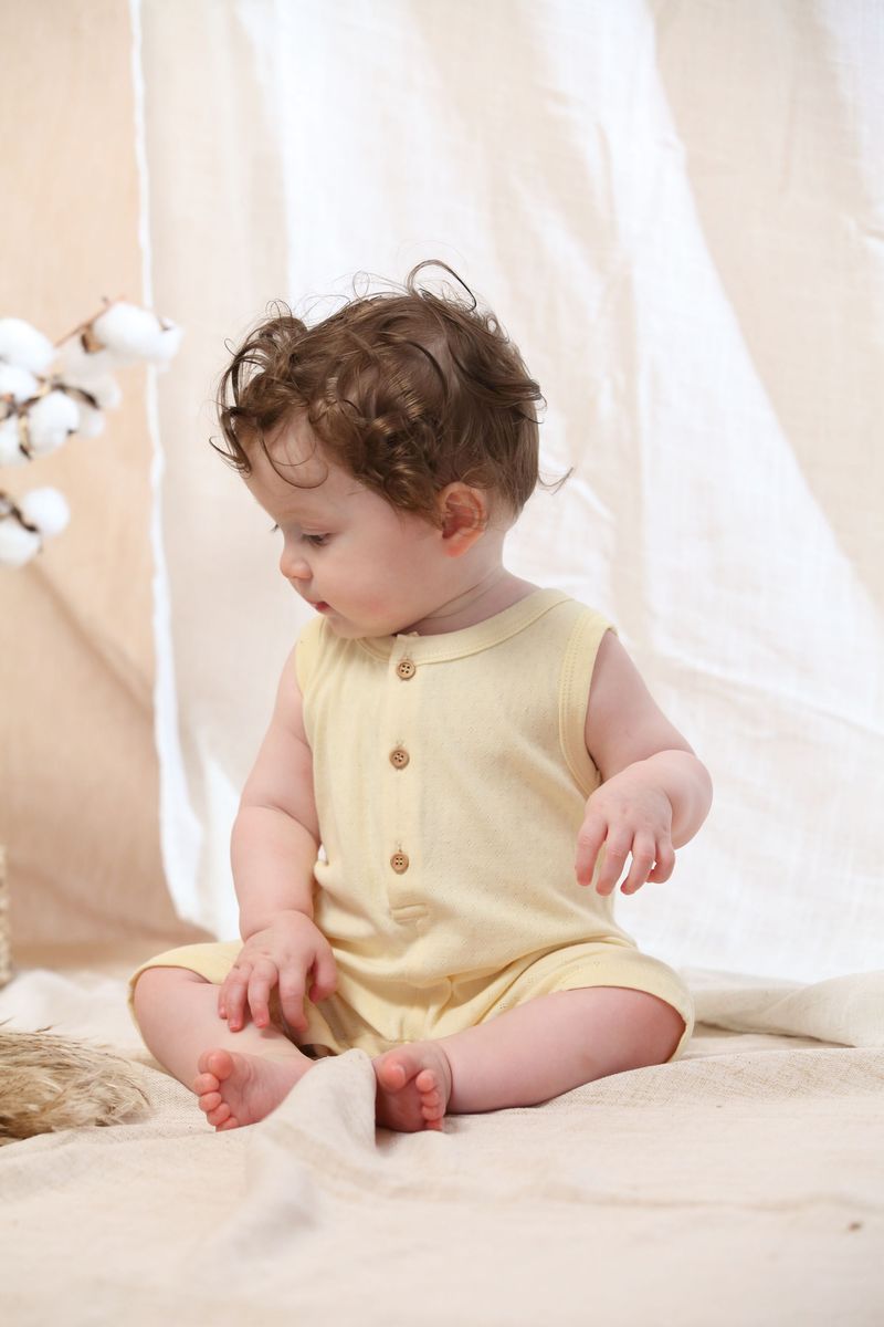 Coming Soon | Blara Organic House | Sleeveless Henley Romper | Creamy Yellow