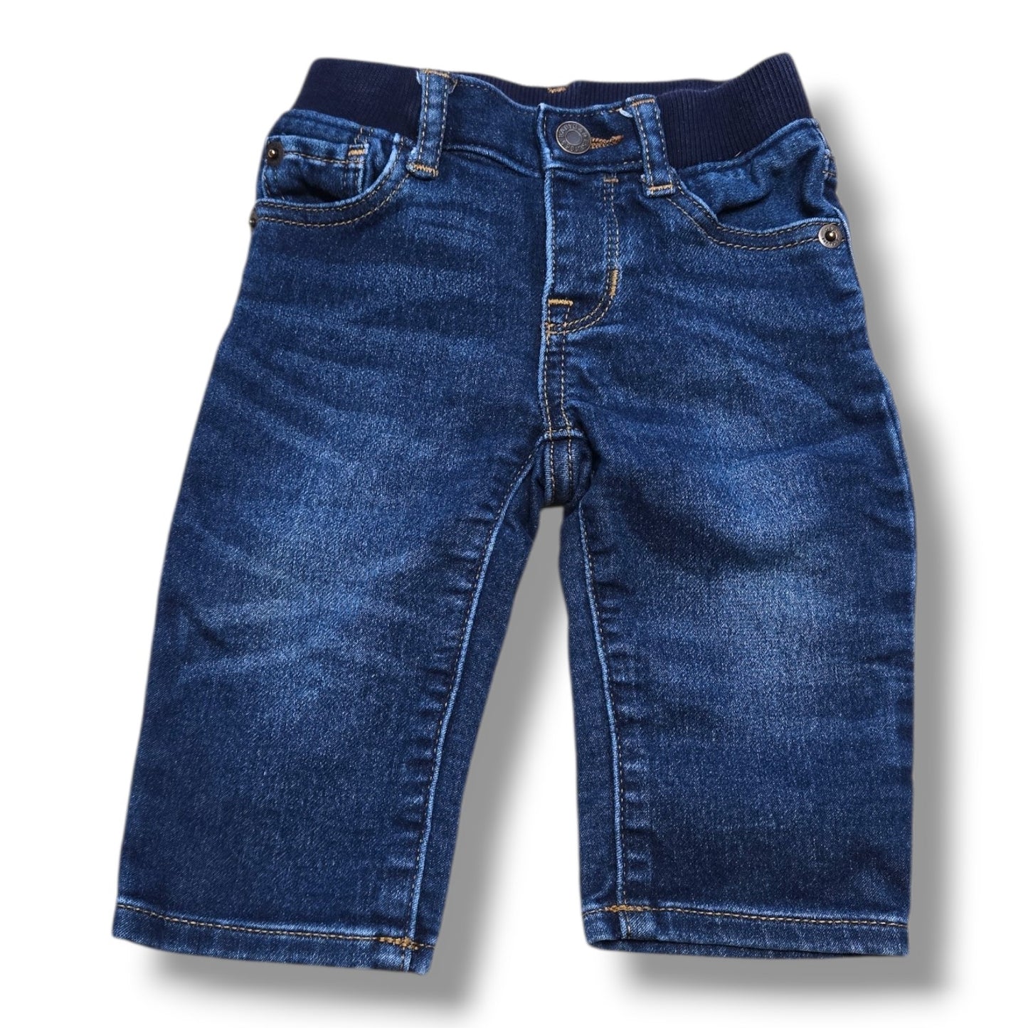 preloved straight leg jeans 6-12 months in dark wash with rib-knit waistband and five-pocket styling.