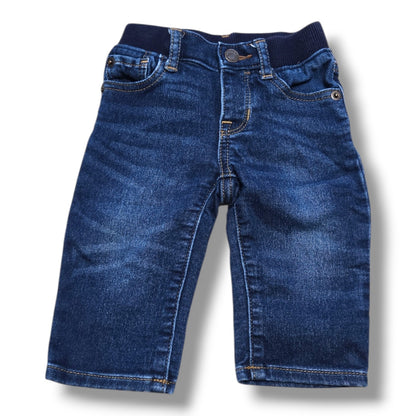 preloved straight leg jeans 6-12 months in dark wash with rib-knit waistband and five-pocket styling.