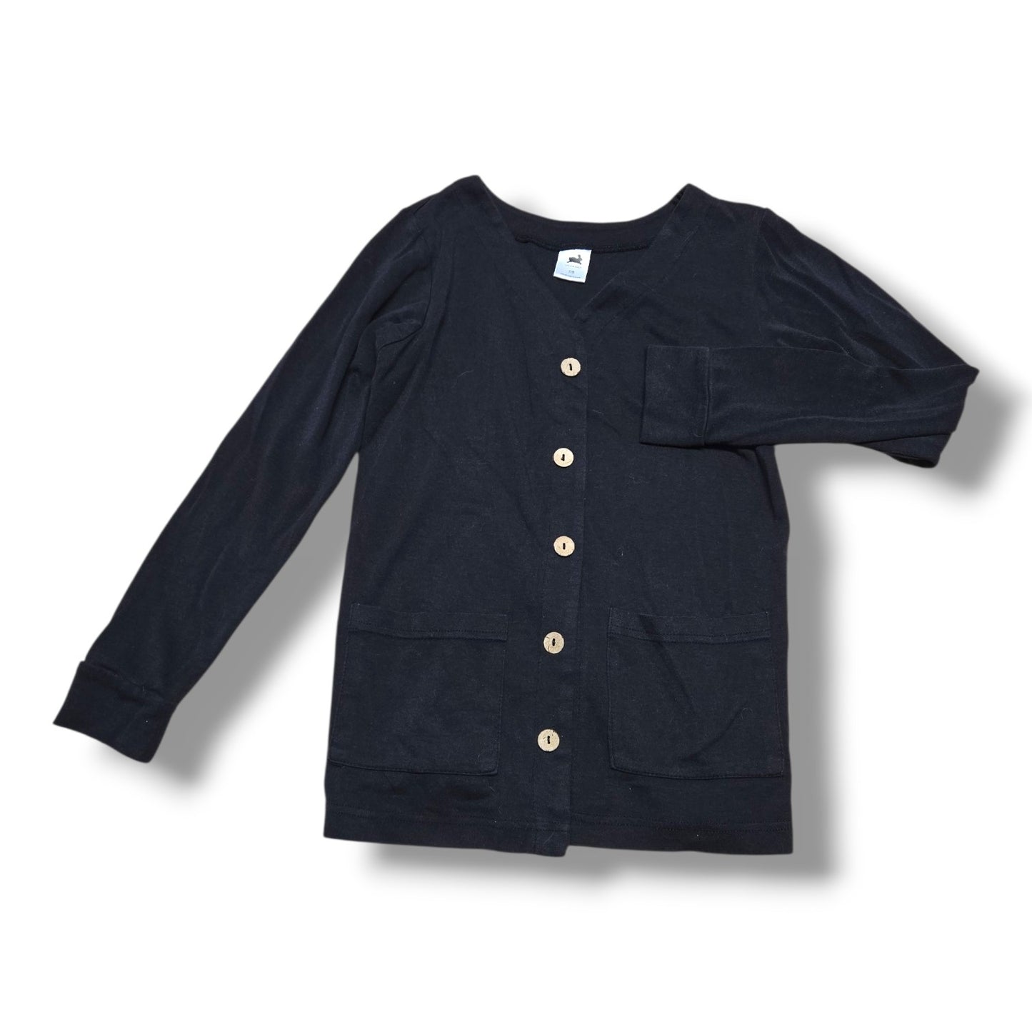 pre-loved black cardigan 7/8Y featuring button front and two patch pockets
