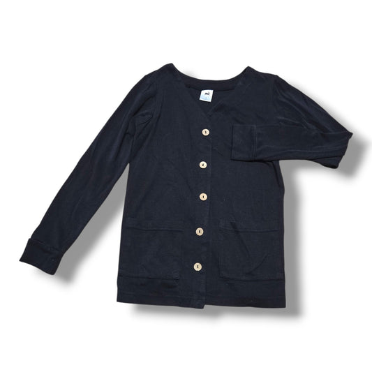 pre-loved black cardigan 7/8Y featuring button front and two patch pockets