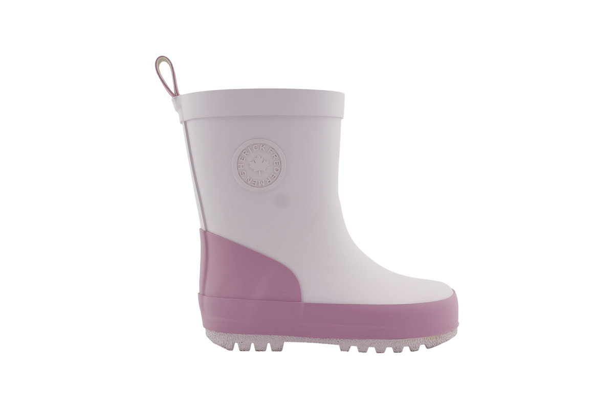 kids waterproof rain boots pink side view on white background