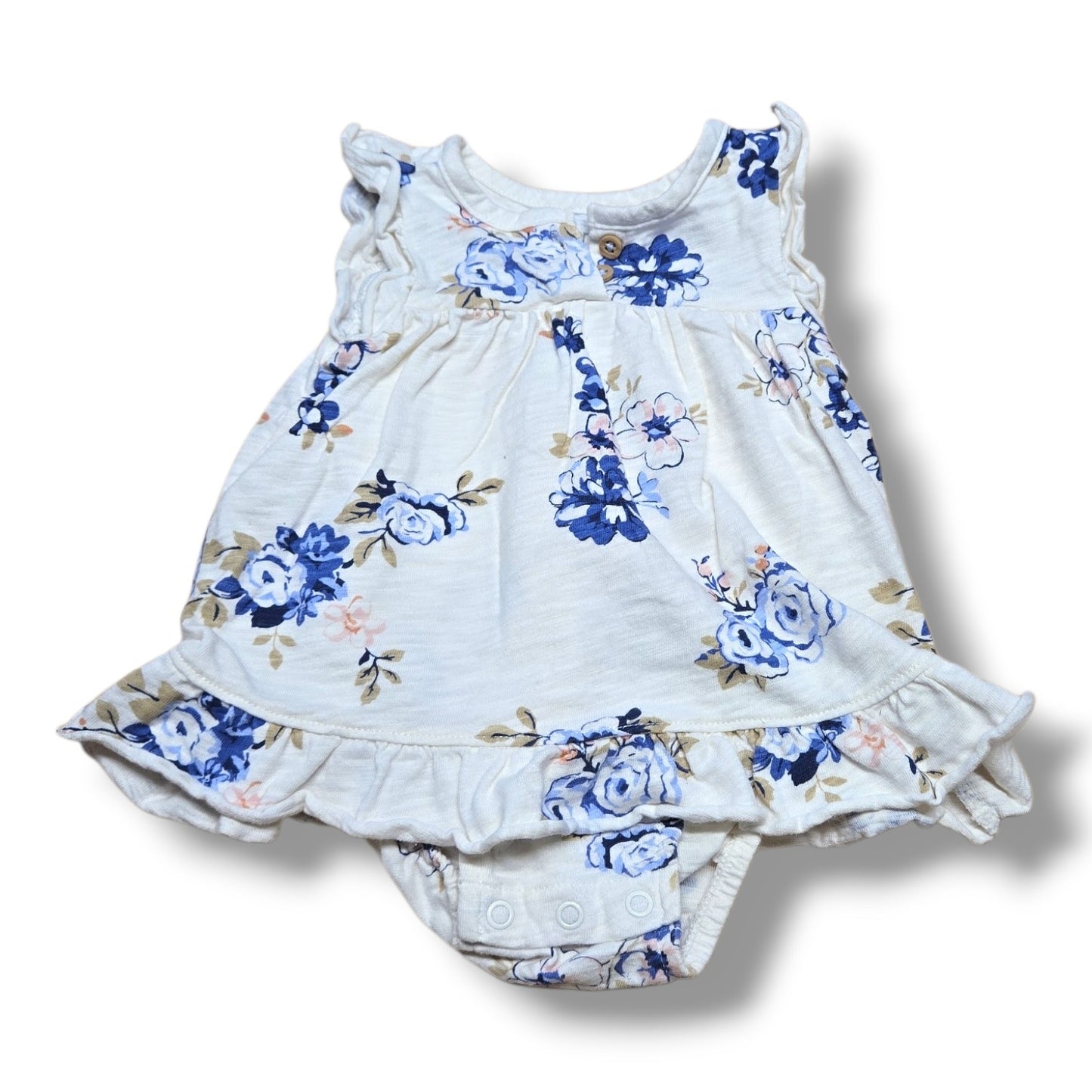 Pre-loved floral romper 3 months featuring blue floral print and flutter sleeves.