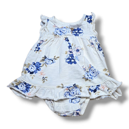 Pre-loved floral romper 3 months featuring blue floral print and flutter sleeves.