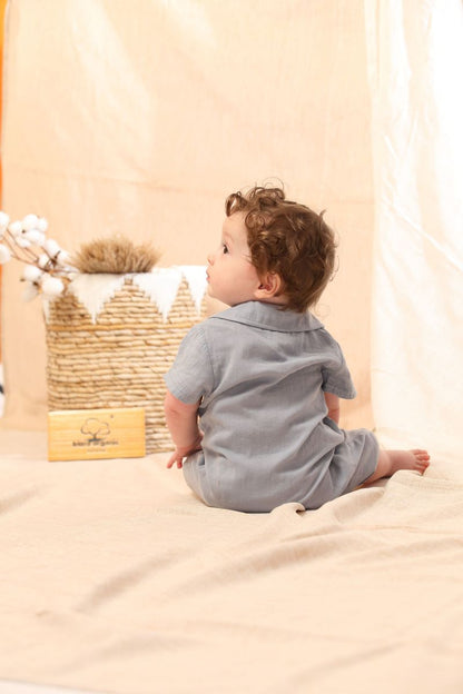 Coming Soon | Blara Organic House | Natural Dyeing
Short Sleeve Cuban Collar Romper | Mist Blue