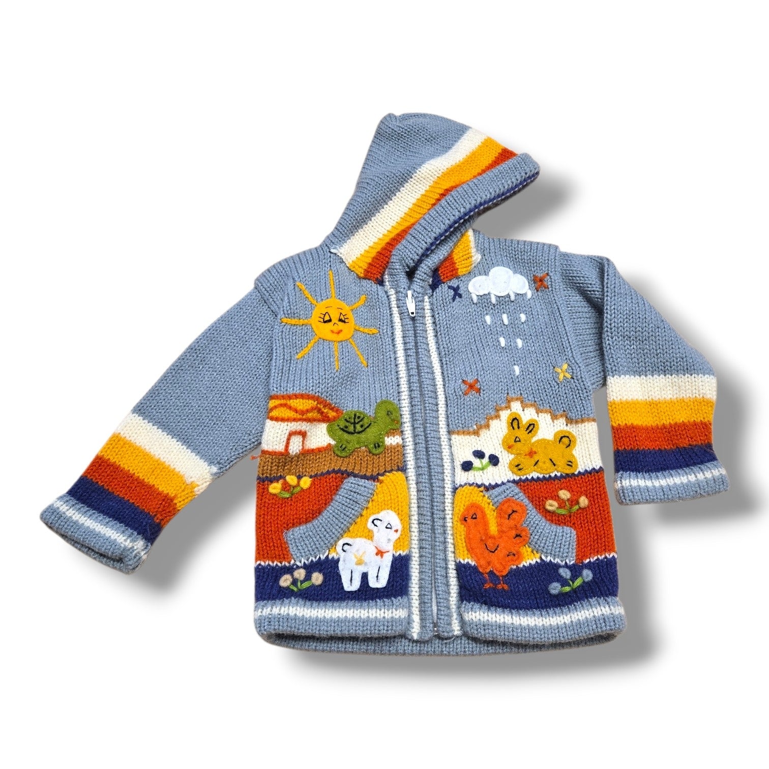 Hand knit farm scene hoodie sweater featuring embroidered farm animals and vibrant colors, perfect for cool weather.