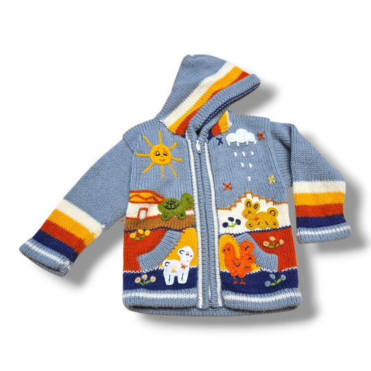Hand knit farm scene hoodie sweater featuring embroidered farm animals and vibrant colors, perfect for cool weather.