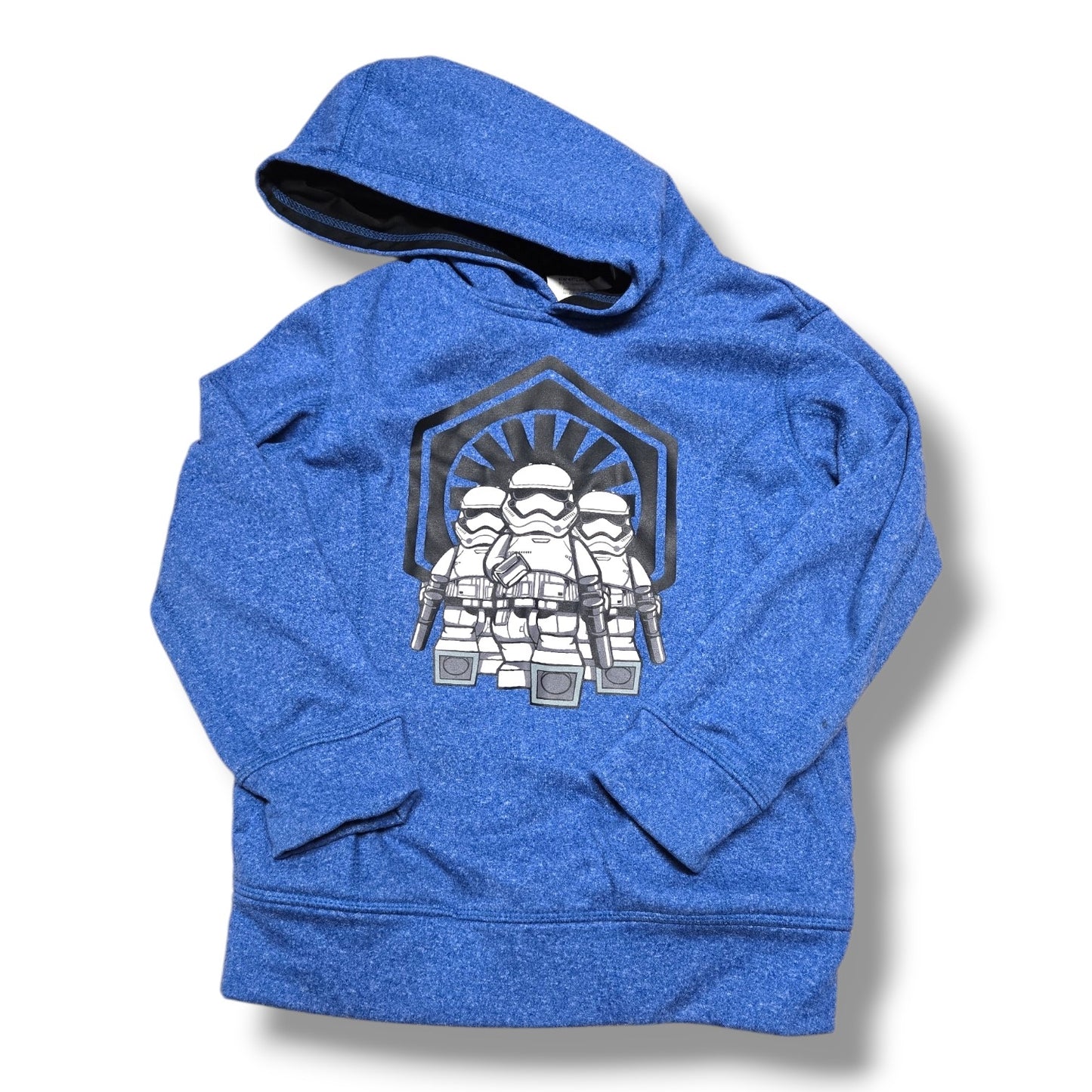 Disney Star Wars hoodie size 7/8 in blue with LEGO Stormtroopers design for kids.