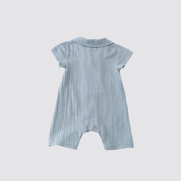 Coming Soon | Blara Organic House | Natural Dyeing
Short Sleeve Cuban Collar Romper | Mist Blue