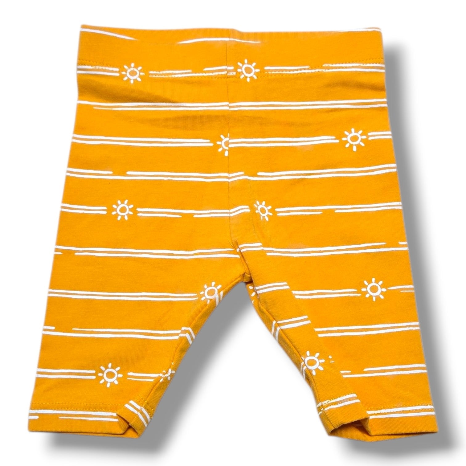 Joe Fresh pre-loved baby capris in cheerful mustard yellow with white stripes and sun details, size 3-6 months.
