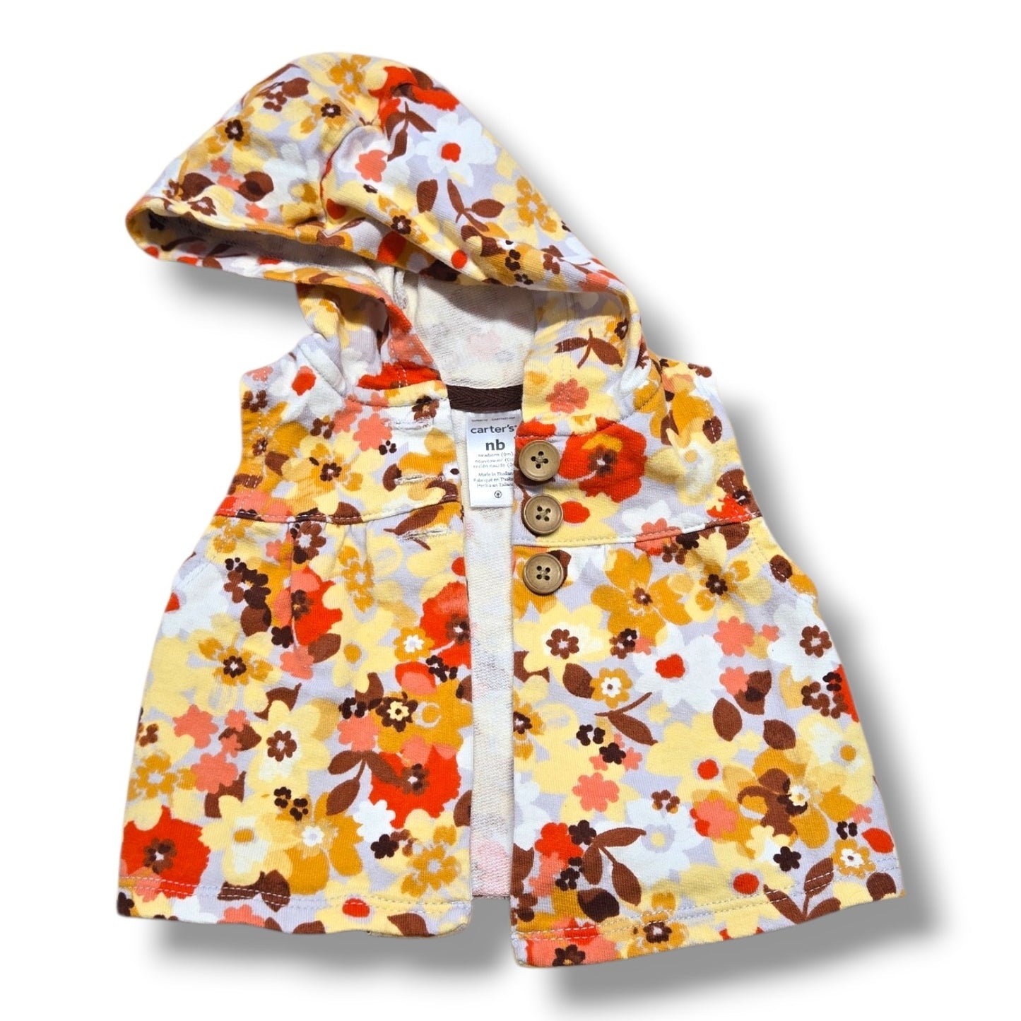 Carter's newborn floral hooded vest with colorful floral print and button-front closure, perfect for layering.