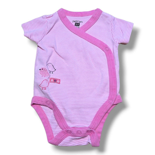 Petit Lem pink striped newborn onesie, pre-loved quality, soft fabric for everyday wear. Perfect preloved newborn onesie.