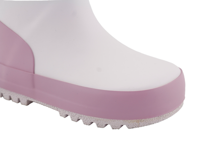 kids waterproof rain boots pink close-up view showing pink and white design.