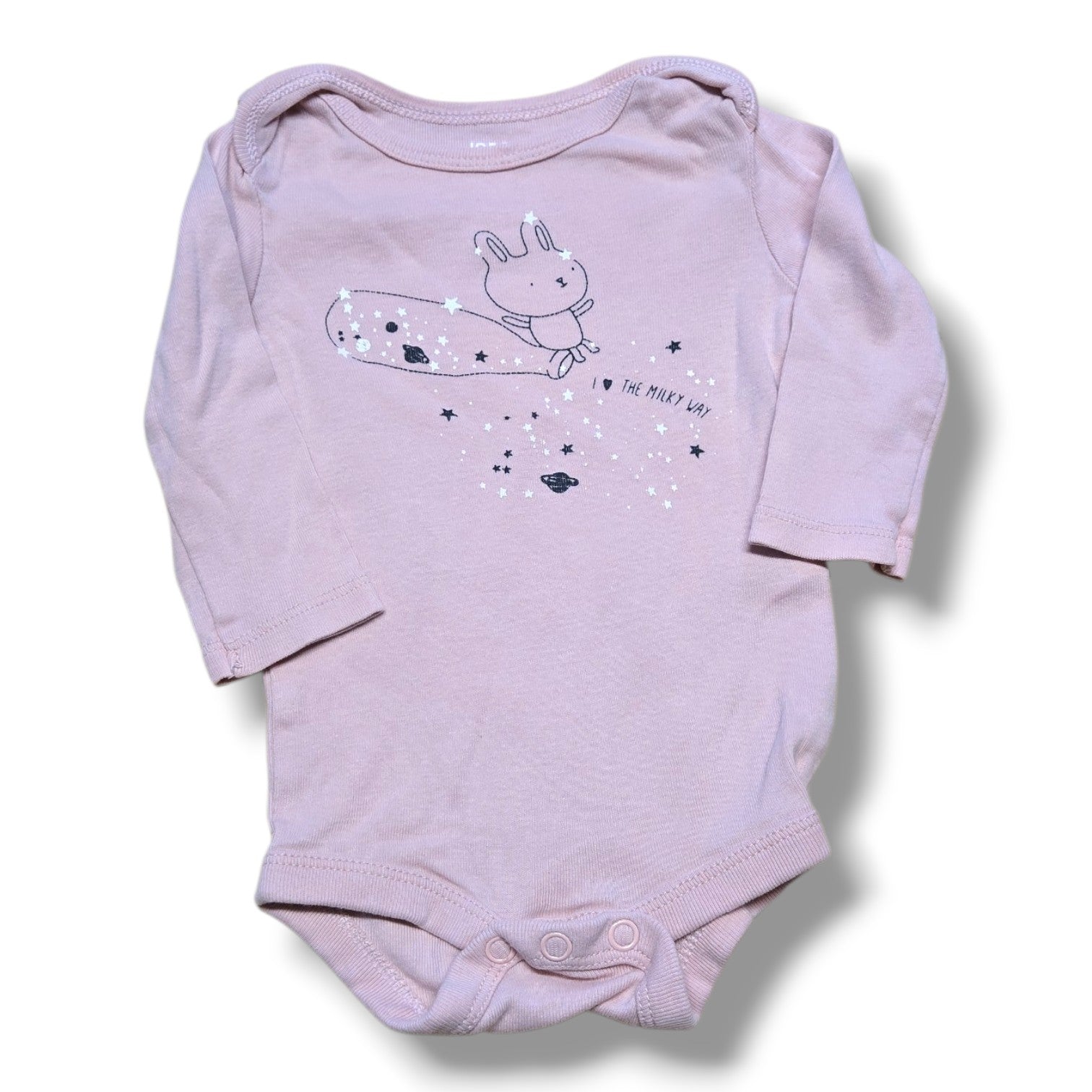 Pre-loved baby onesie featuring a cute bunny design and stars, perfect for everyday wear and comfort.