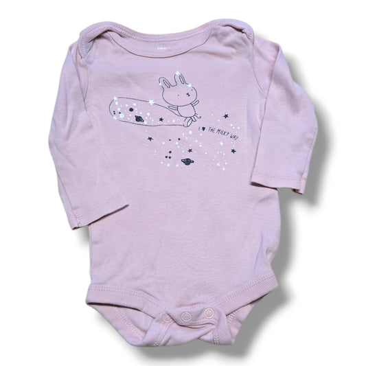 Pre-loved baby onesie featuring a cute bunny design and stars, perfect for everyday wear and comfort.