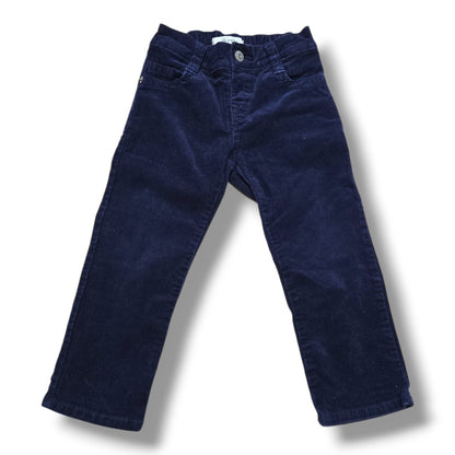 Pre-loved dark purple corduroy pants in navy blue for toddlers, featuring classic five-pocket styling and elastic waistband.