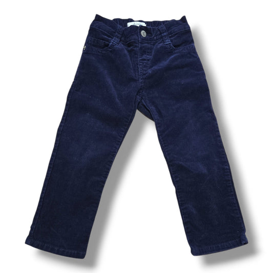 Pre-loved dark purple corduroy pants in navy blue for toddlers, featuring classic five-pocket styling and elastic waistband.